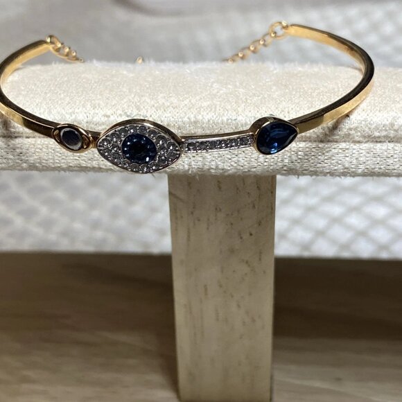 Swarovski Evil Eye Bangle Bracelet Gold-Tone Blue Crystal Small Swan Logo - Picture 7 of 13